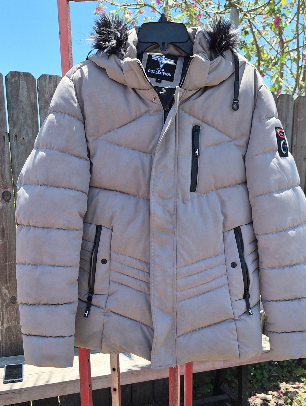 V Collection Puffer Jacket in Taupe with Faux Fur Hood
